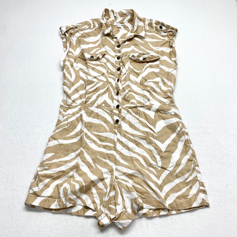 Ann Taylor Weekend Zebra Romper Womens 14 Tan White Linen Safari Utility Size 14
